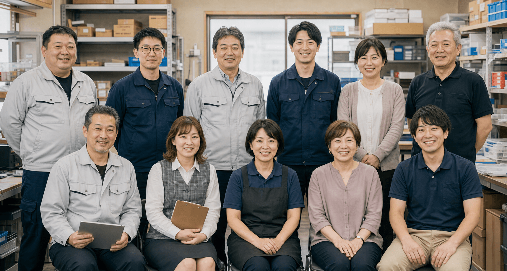 小規模な製造会社の社員が在庫棚の前で集合している様子