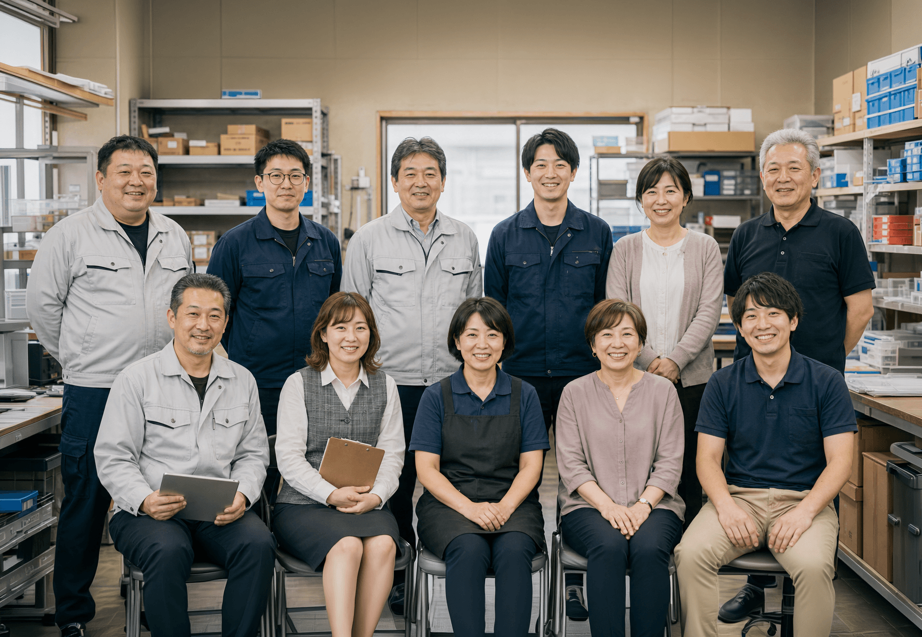 小規模な製造会社の社員が在庫棚の前で集合している様子